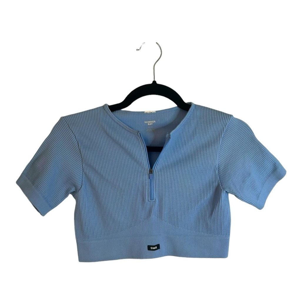 Sommer Ray Blue 3/4 Zip Crop Top Activewear Compression Workout Top Size Medium